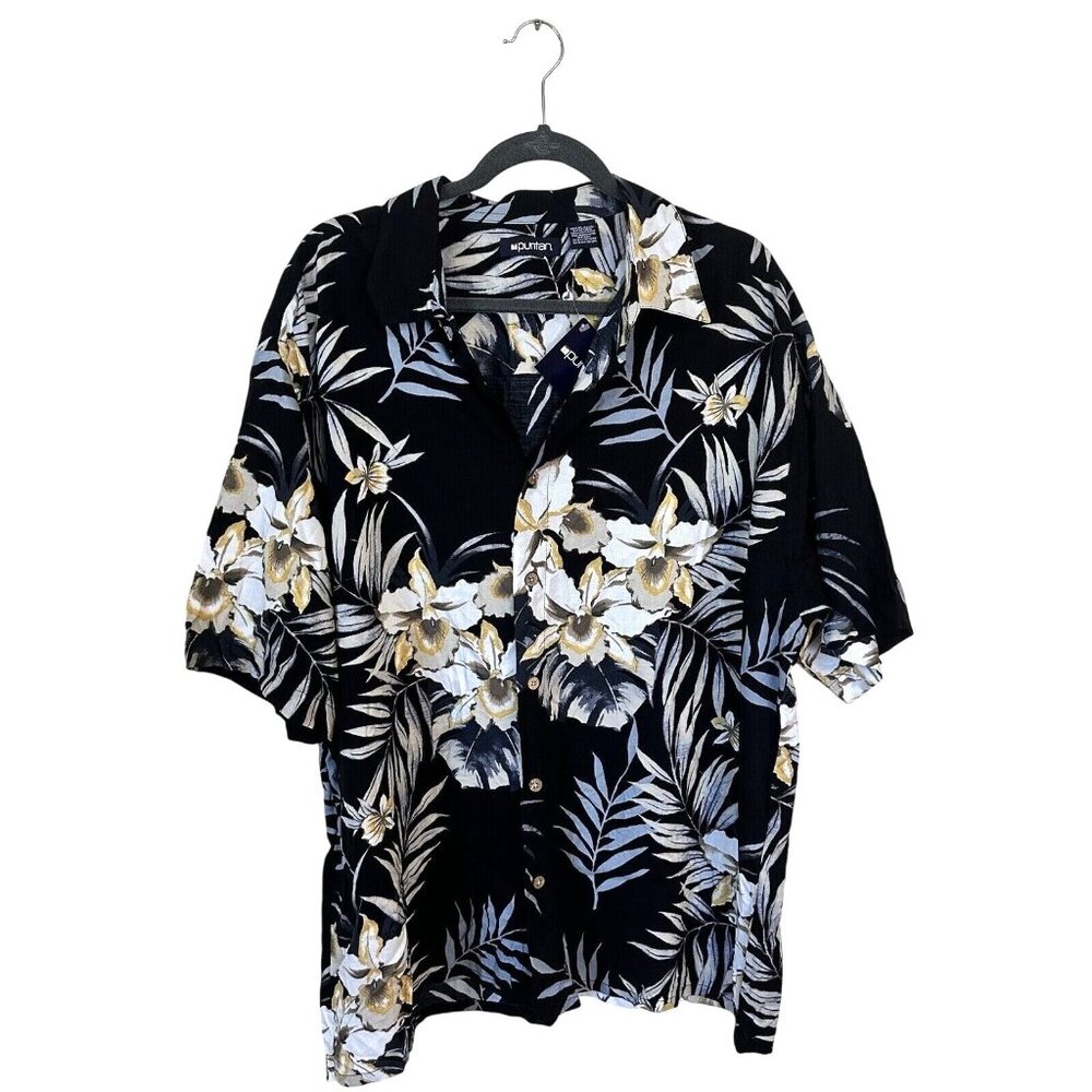 Puritan Mens Hawaiian Shirt XL Black Floral 100% Viscose Short Sleeve NWT